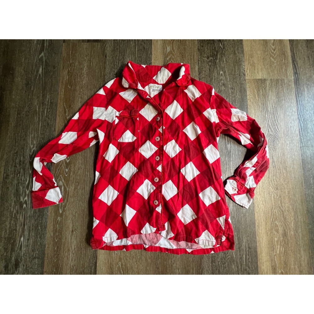 Joyce Studio Button Down Shirt Womens XS Red White Harlequin Diamond Long Sleeve